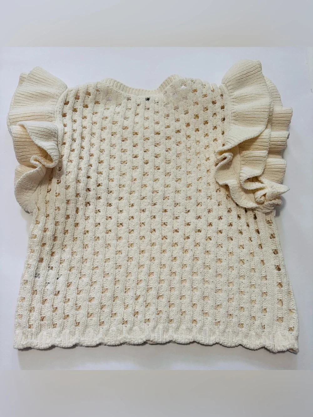 Zara Cream Knit Ruffle-Sleeve Crop Top